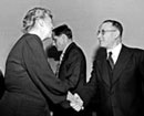 9 June 1947 First meeting of  the Drafting Committee on an International Bill of Rights (Commission on Human Rights), United Nations, Lake Success, New York: Mrs. Eleanor Roosevelt, Chairman of the Commission and United States representative, welcomes Mr. Vladimir M. Koretsky, representative of the USSR.